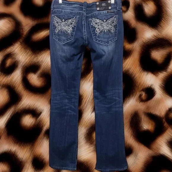 Miss Me Dark Blue Boot Cut Jeans with Embroidered Butterfly Pockets - Picture 2 of 5